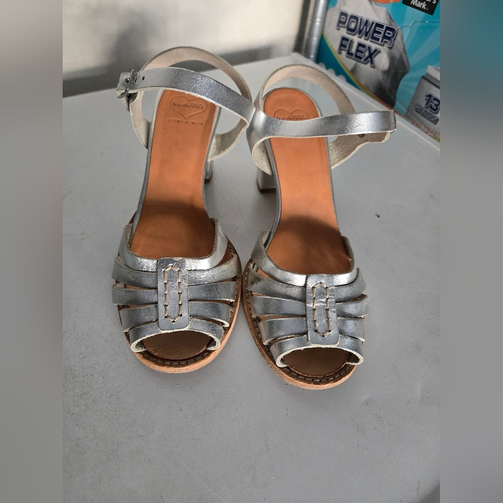 Swedish Hasbeens Silver ankle strap high heel sandals size 6 or 36